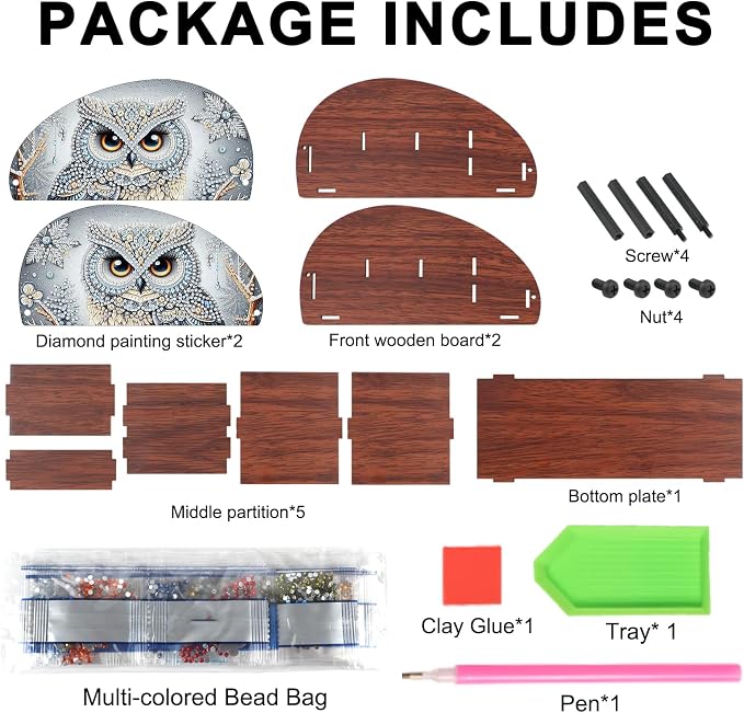 Diamond Painting Storage Box, DIY 5D Owl Design Multi-Compartment Wooden Tabletop Organizer, Diamond Art Storage Holder for Pens Makeup Brushes Remotes Office Supplies Desktop Decoration
