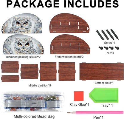 Diamond Painting Storage Box, DIY 5D Owl Design Multi-Compartment Wooden Tabletop Organizer, Diamond Art Storage Holder for Pens Makeup Brushes Remotes Office Supplies Desktop Decoration