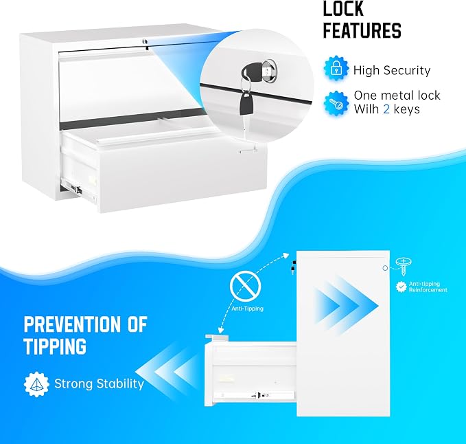 Greenvelly 2 Drawer Filing Cabinet, White Lateral File Cabinet with Lock, Metal File Cabinets with Adjustable Hanging Bars&2 Keys, Locking File Cabinet for Home Office, Legal/F4/Letter, Etc