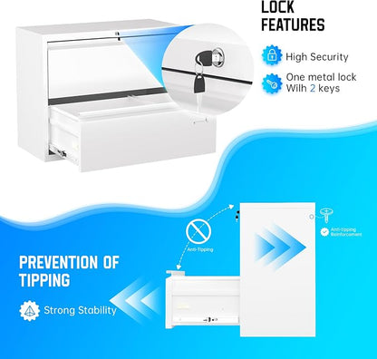 Greenvelly 2 Drawer Filing Cabinet, White Lateral File Cabinet with Lock, Metal File Cabinets with Adjustable Hanging Bars&2 Keys, Locking File Cabinet for Home Office, Legal/F4/Letter, Etc