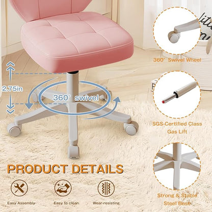 Vanity Chair with Back – Small Armless Office Chair with Wheels, Lumbar Support, PU Leather, Adjustable Height, 360° Swivel for Home, Bedroom, Office Pink Set of 1