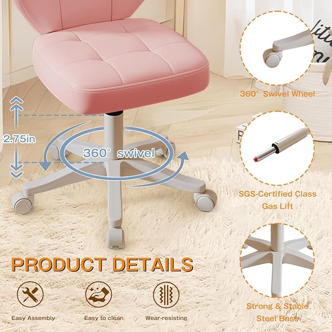 Vanity Chair with Back – Small Armless Office Chair with Wheels, Lumbar Support, PU Leather, Adjustable Height, 360° Swivel for Home, Bedroom, Office (Pink Set of 2)