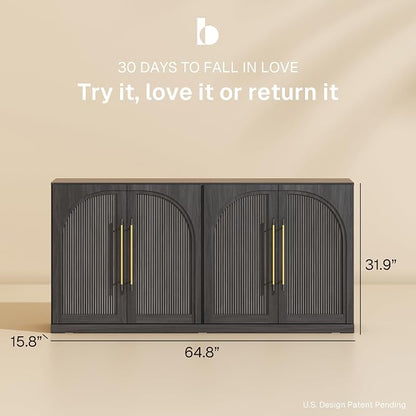 BELLEZE 65" Kitchen Storage Cabinet with Adjustable Shelves,Freestanding Accent Cabinet with Fluted Arched Design & Gold Handles,Modern Credenza for Living Room,Dining Room,Entryway - Ebony