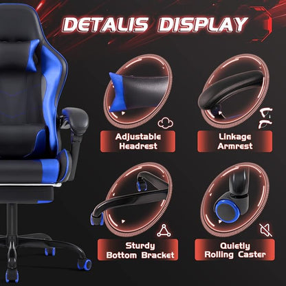 Shahoo Gaming Chair with Footrest and Massage Lumbar Support, Ergonomic Computer Chairs 360°Swivel and Height Adjustable Seat with Headrest for Office or Bedroom, Study Room, Blue