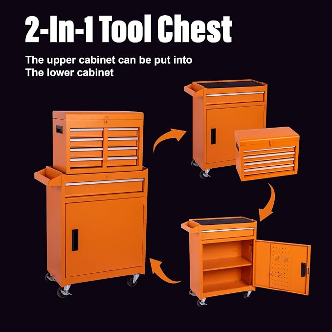 RYH 5 Drawers Rolling Tool Chest & Tool Box on Wheels | Heavy Duty Metal Cart with Ball Bearing Drawers | Fits US General Tool Box for Garage Storage (Orange, 5 Drawers（42.1" H × 20.7" W × 11" D)