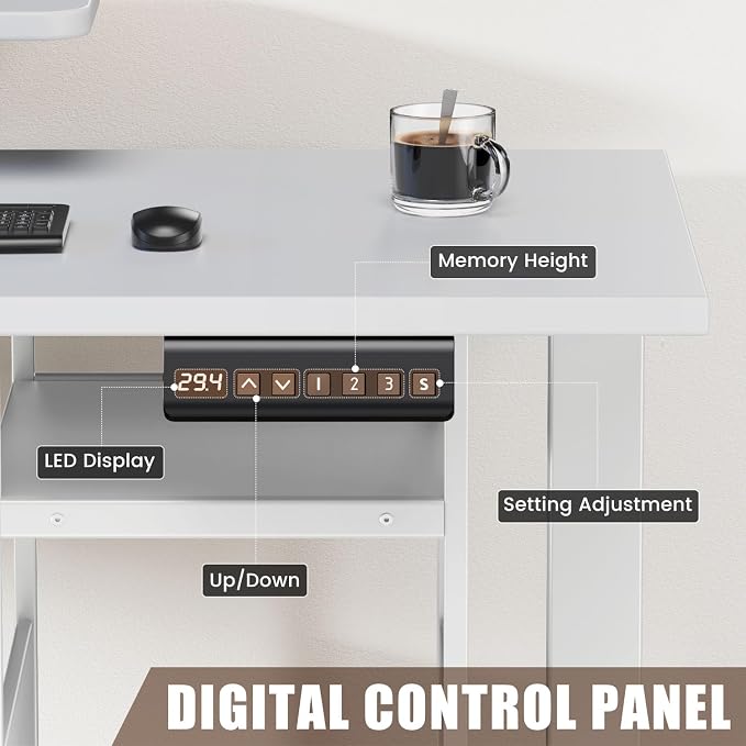 Flycity Electric L Shaped Standing Desk Adjustable Height, 67" x 47" Corner Computer Desk with Host Shelf, Gaming Desk with LED Lights & Power Outlet, Dual Motor Home Office Desk with Storage, White