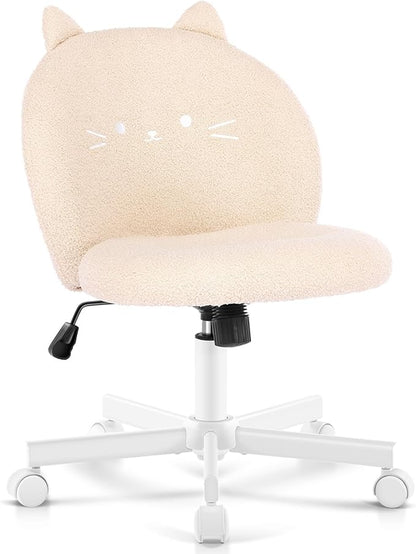 Vanity Chair with Cat Back,Armless Desk Chair Cute Small Office Chair,Teddy Fabric Computer Chair with Adjustable Height,120°Tilting,Rolling,Swivel for Vanity,Kids Room,Office,Bedroom Beige