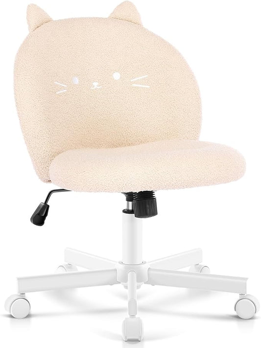 Vanity Chair with Cat Back,Armless Desk Chair Cute Small Office Chair,Teddy Fabric Computer Chair with Adjustable Height,120°Tilting,Rolling,Swivel for Vanity,Kids Room,Office,Bedroom Beige