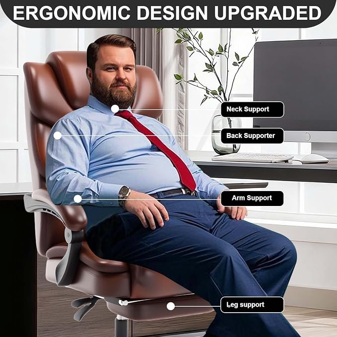 500lbs Reclining Office Desk Chair with Footrest, Managerial Executive Chair Lounge Chair for Office, Plus Size Brown Leather Recliner Office Chairs