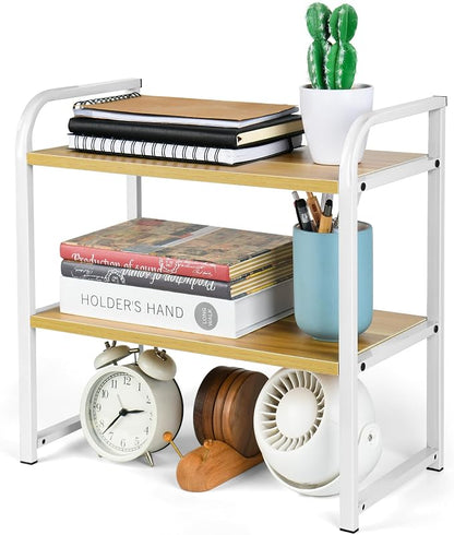 Desktop Shelf Organizer Office Desk Shelf for Top of Desk Wood & Metal Bookshelf Supplies Storage Rack (White&Walnut)