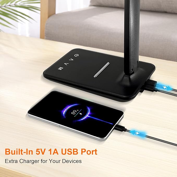 shinelife LED Desk Lamp for Office Home, Bright Desk Light with USB Charging Port, Adjustable Dimmable Desk Lamps 5 Modes 5 Brightness, Touch Study Lamp for Nail, Craft, Puzzle, Sewing, Study, Black