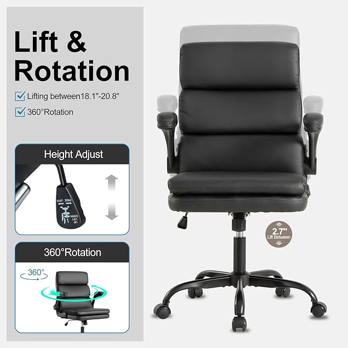 Mid Back Office Desk Chair,Leather Conference Room Chairs,Ergonomic Home Computer Chair,Modern Executive Chair with Padded Flip-up Armrest and Swivel Wheels (Black)
