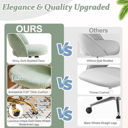 VINGLI Modern Velvet Small Office Chair,Cute Desk Chair with Wheels,Gold Base/Studs, Comfy Armless Swivel Vanity Task Chair for Women/Girl/Kids, Nail Tech Chair for Bedroom,Small Space,Mint Green