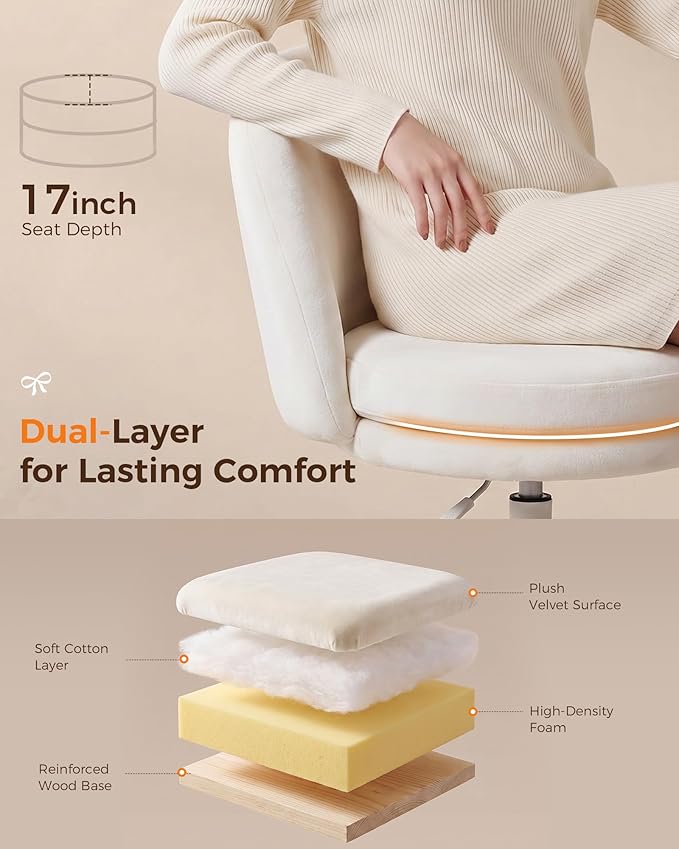 GTPLAYER Velvet Tall Office Chair with Wheels Vanity Chairs with Back, Versatile Height Use: Office to Bar Stools Small Ergonomic Comfy Armlees Computer Desk Chair with Bow Lumbar Pillow for Gift
