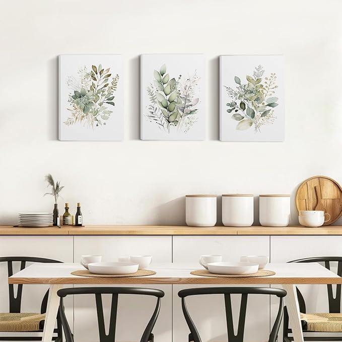 Framed Bathroom Wall Art Set of 3 for Rustic Botanical Prints,Watercolor Botanical Wall Art,Sage Green Painting Eucalyptus Leaf Art Pictures,Modern Boho Floral Wall Decor for Room Living Room Bedroom Decorations,12x16inch