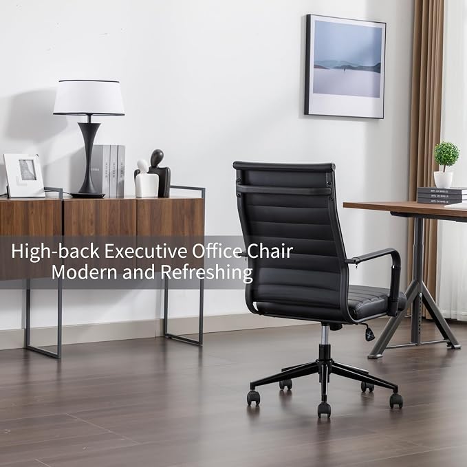 Office Desk Chair Leather, Conference Room Chairs with Wheels, Executive Modern Ergonomic Ribbed Computer Chair