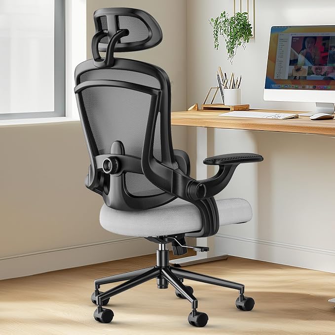 Sweetcrispy Office Ergonomic Desk Chair, 300 LBS Home Mesh Chairs with Wheels, 2D Headrest, Up&Down Lumbar Support, Swivel High Tall Back Computer with Flip-up Armrests, Dark Grey