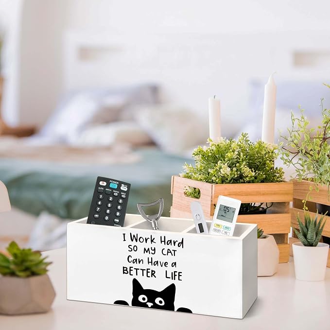 Funny Black Cat Pen Holder for Desk, Black Cat Lover Gifts Pencil Organizer, I Work Hard So My Cats Can Have a Better Life Wooden Pen Holder Desk Accessories Decor for Home Office