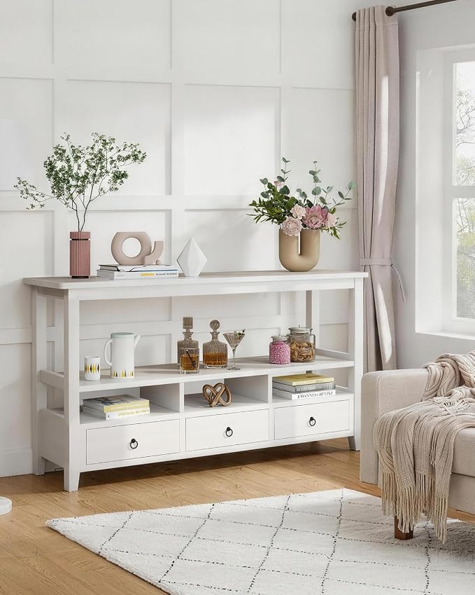 Karl home Console Table with 3 Bottom Drawers, 57.9" W Sofa Side Table Entryway Desk with 3 Storage Cubbies 1 Open Shelf, Vintage TV Stand for Hallway Living Room Office, White 29.9" H