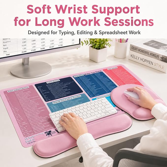 Excel Cheat Sheet Desk Pad Set, 3-Piece XXL Shortcut Mouse Pad with Keyboard and Wrist Rests, Non-Slip Office Mat, 35.5 x 15.8 in, Blush Pink