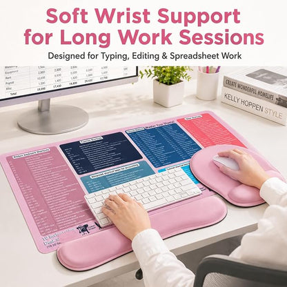 Excel Cheat Sheet Desk Pad Set, 3-Piece XXL Shortcut Mouse Pad with Keyboard and Wrist Rests, Non-Slip Office Mat, 35.5 x 15.8 in, Blush Pink