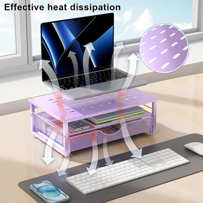 gianotter Computer Monitor Stand Riser, office organizer with Drawer, Office Organizers Storage for Classroom Office Supplies (Purple)