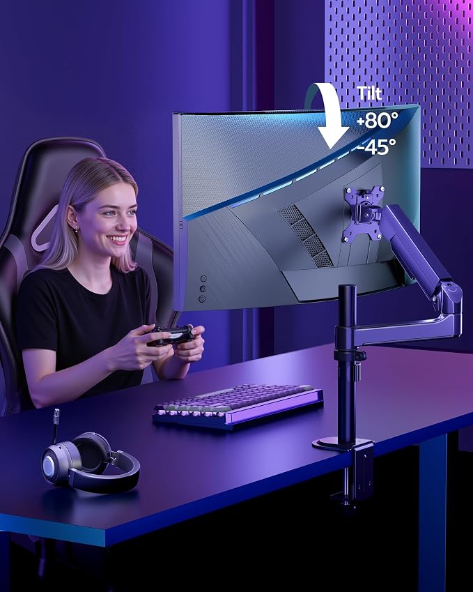 ARES WING Single Monitor Mount - Ultrawide Monitor Arm for 40 34 32 27 Inch Heavy Duty Curved Screen Up to 26.4 lbs with Clamp/Grommet Desk Mount, 75/100 Vesa Mount, Black