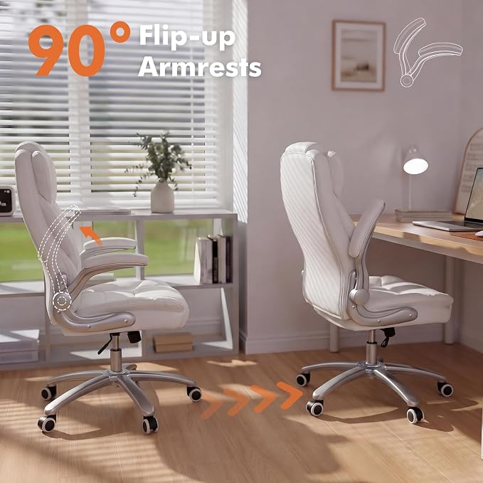 GYI Big and Tall 400lb Office Chair, Leather Executive Desk Chair, White | 24"Wide Seat, High Back, Space-Saving Flip-up Arms, Lumbar Support, Heavy Duty Base, Home, Conference Room