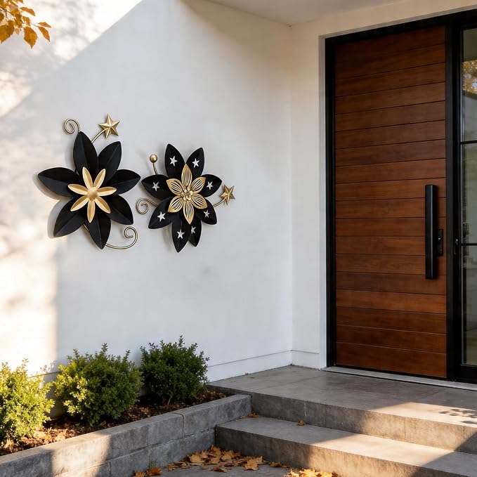 LIFFY Metal Flower Wall Decor, Black & Gold Floral Metal Wall Art for Indoor Outdoor,Black Wall Decor Boho Modern Wall Decor for Bathroom, Living Room, Bedroom, Porch, Garden, Yard (Black & Gold 2)