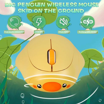 Cute Duck Bluetooth Wireless Mouse -Rechargeable,Dual Mode Connection, Silent Scroll Wheel, 1600 DPI - Perfect for Laptops, PCs, and Tablets (Yellow)