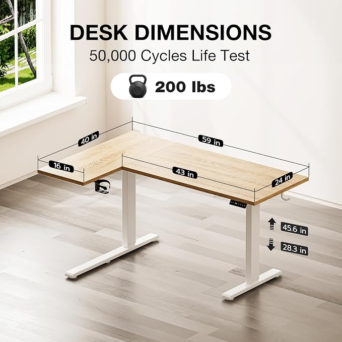 Muvai 59 Inch L Shaped Standing Desk Adjustable Height with Cable Management Tray,Gaming Electric Corner Standing Desk, Sit Stand Computer Table with Reversiable Splice Board,Light Rustic Brown