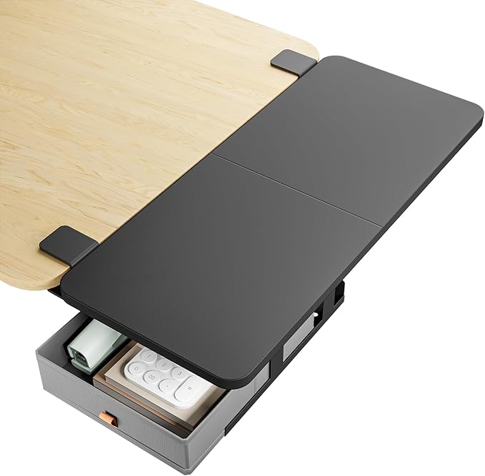 PEGZONE Desk Extender Tray, 28" x 12", with Storage Drawer, Large, Black | Desk Extension, Clamp on Desk Shelf, Clamp On Keyboard Tray for Office and Home, Workstation Organizer