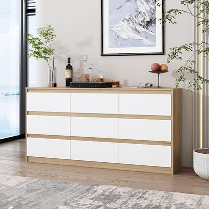 63” Dresser Chest of Drawers 9 Drawer Dresser, Modern 9 Drawer Chest for Living Room Bedroom, No Handle Design, White and Oak 15.7”D x 63”W x 31.5”H