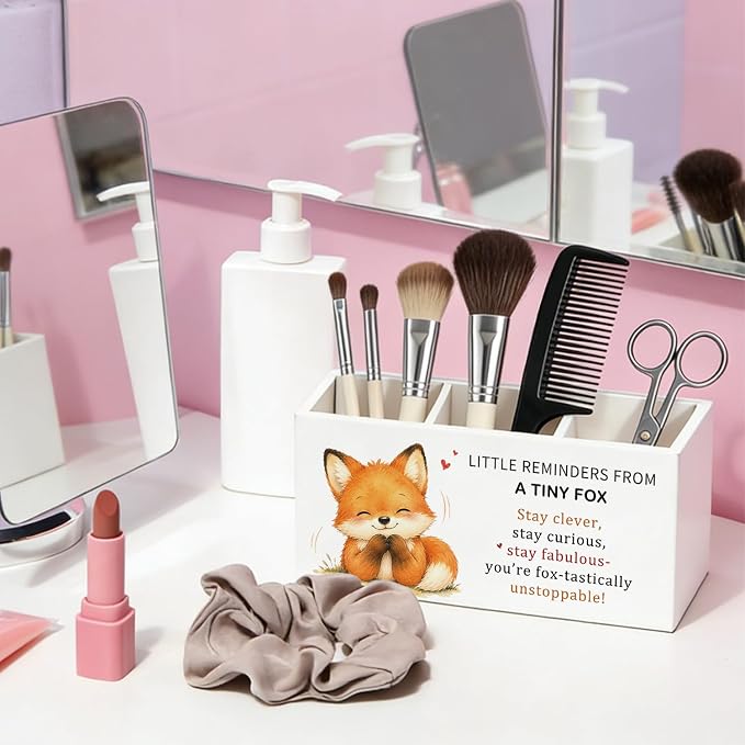 Positive Fox Pen Pencil Holder Desk Accessories Gifts for Women | Cute Fox Inspirational Pen Pencil Wooden Organizer Office Accessories Decorations for Dorm Room Bedroom Tabletop Desk Decor