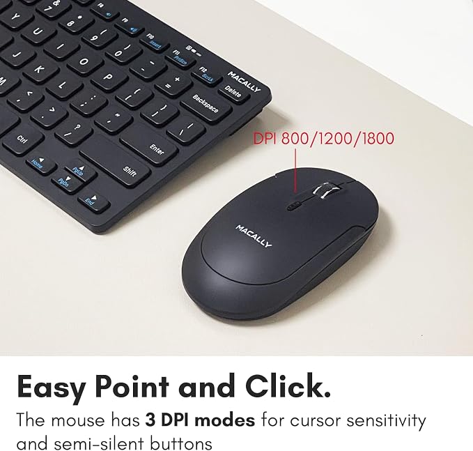 Macally Small Wireless Keyboard and Mouse Combo - Quiet Productivity Duo - 2.4G Wireless Compact Keyboard and Mouse for PC - 78 Key Mini Keyboard and Mouse with Slim Body, Click Buttons, & 3 DPI Modes