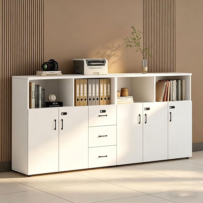 File Cabinet with Password Lock, Wood Lateral Filing Cabinet for Letter/A4 Files, 3 Drawer with Door, Printer Stand with Open Shelves for Home Office