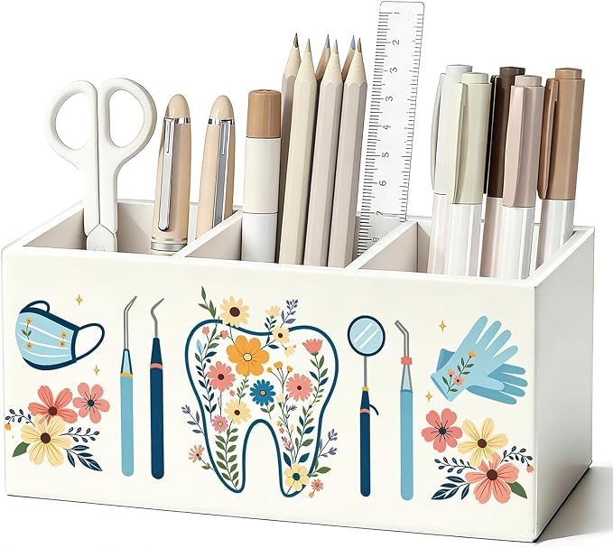 Dentist Hygienist Gifts Pen Pencil Holder for Desk Accessories | Dental Gifts for Women, Dental Assistant Gift, Dentist Pen Wooden Organizer Decorations for Office Workplace Desk Tabletop