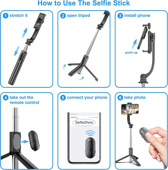 SelfieShow Selfie Stick, Extendable Selfie Stick Tripod with Wireless Remote and Tripod Stand, Portable, Lightweight, Compatible with iPhone 17 16 15 14 13 12 Pro Xs Max/Samsung Smartphone and More