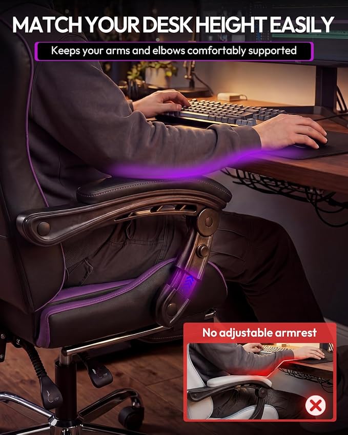 Dowinx Ergonomic Gaming Chair with Footrest & Massage Lumbar, 2D-Linkage Armrests for Computer Chair 330lbs with Headrest Pillow for Office, Home, Streaming and Long Gaming Sessions, Fabric Purple
