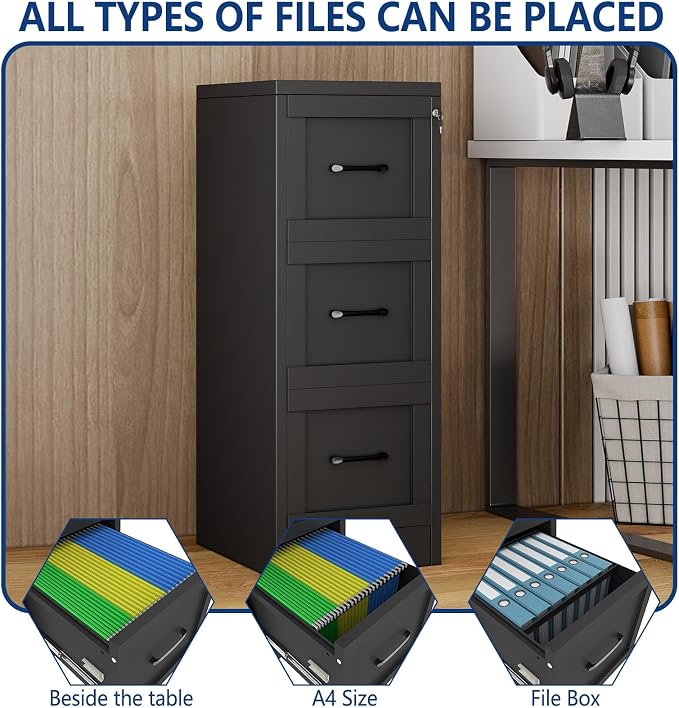 Ckzbx 3 Drawer File Cabinet with Lock, Narrow Vertical Filing Cabinet, Under Desk File Cabinets,Black Metal File Cabinets for Home Office,Fit Letter/A4/Legal Size File