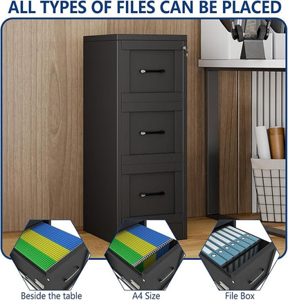 Ckzbx 3 Drawer File Cabinet with Lock, Narrow Vertical Filing Cabinet, Under Desk File Cabinets,Black Metal File Cabinets for Home Office,Fit Letter/A4/Legal Size File
