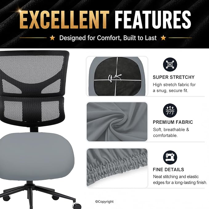 DIVA EN CAMINO DEC Stretchable Desk Office Chair Seat Cushion Covers - Universal Spandex Computer Chair Slipcover - Removable Washable Cushion Protectors Anti-Scratch for Dogs, Cats, Pets, Mid Gray