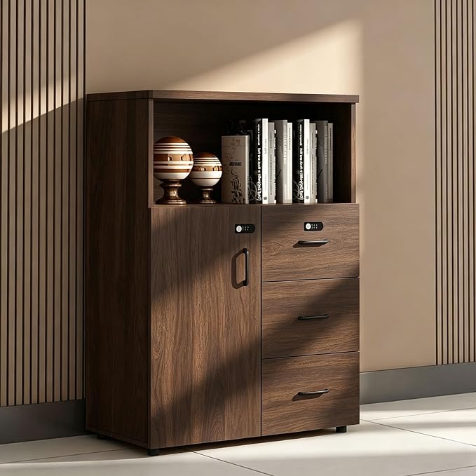 File Cabinet with Password Lock, Wood Lateral Filing Cabinet for Letter/A4 Files, 3 Drawer with Door, Printer Stand with Open Shelves for Home Office