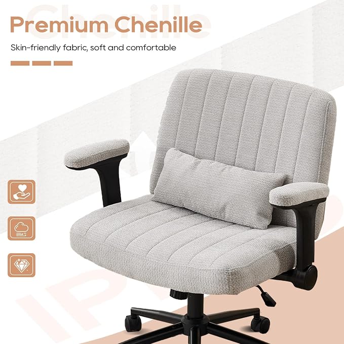 IPKIG Criss Cross Chair with Adjustable Flip-up Arms, Vanity Chair with Wheels, Comfy Desk Chair with Lumbar Pillow Swivel Wide Office Chair for Home Office, Bedroom, Chenille, Light Grey