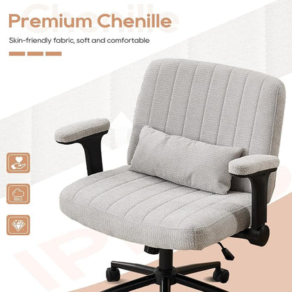 IPKIG Criss Cross Chair with Adjustable Flip-up Arms, Vanity Chair with Wheels, Comfy Desk Chair with Lumbar Pillow Swivel Wide Office Chair for Home Office, Bedroom, Chenille, Light Grey