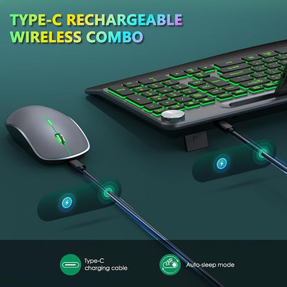 JOYACCESS Ergonomic Wireless Backlit Keyboard with Phone Holder,Rechargeable Wireless Keyboard Mouse Combo with Light Up Keys for for Laptop, PC, Mac, Windows-Grey