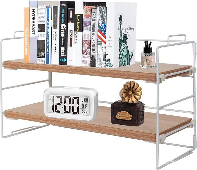 PowerKing Desk Shelf Organizer, 2-Tier Desktop Shelves with Wood Board, Adjustable Bookshelf Storage Rack for Home Office School Study Room (White Frame + Original Wood)