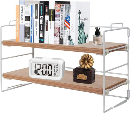 PowerKing Desk Shelf Organizer, 2-Tier Desktop Shelves with Wood Board, Adjustable Bookshelf Storage Rack for Home Office School Study Room (White Frame + Original Wood)