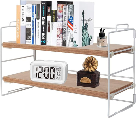 PowerKing Desk Shelf Organizer, 2-Tier Desktop Shelves with Wood Board, Adjustable Bookshelf Storage Rack for Home Office School Study Room (White Frame + Original Wood)