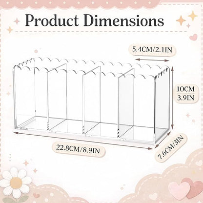 Scalloped Acrylic Pencil Holder for Desk, Clear Pen Organizer with 4 Compartments, Marker Makeup Brush Holder Remote Caddy for Home, Office, Bathroom, Classroom, Table